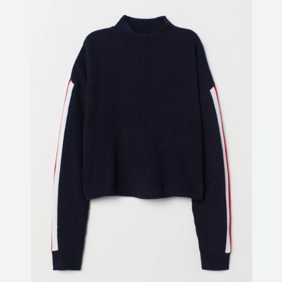 H&M Mockneck Navy Cropped Sweater with red/white arm stripes - Picture 1 of 5
